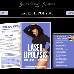 May include: Promotional image for a laser lipolysis training guide. The image features a woman, a book titled "Laser Lipolysis", and a tablet displaying a table of contents. The guide promises permanent fat reduction and professional training.