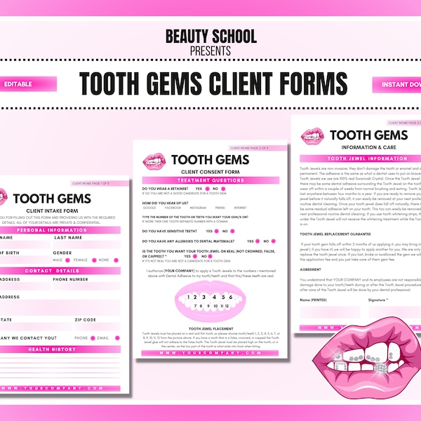 Tooth Gem Forms, Tooth Gems Consent Forms, Teeth Gems Client Documents, Dental Nurse, Canva Templates, Printable, PDF, Editable in Canva