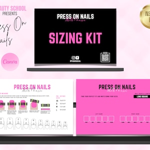 Op de afbeelding: Een roze en witte printbare maattabel voor press-on nagels. De tabel bevat instructies over hoe je je nagels moet meten en een maatgids. De tabel bevat ook een sectie om je nagelmaat en -vorm op te schrijven.