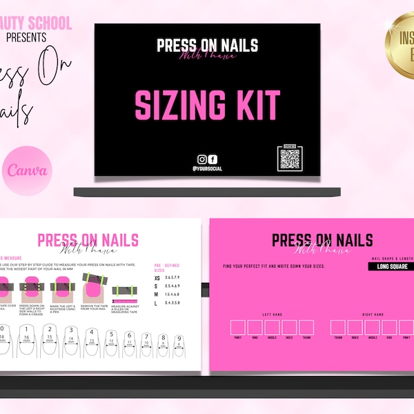 Press On Nail Sizing Kit, Press On Nails Chart Card, Press On Nails Templates Design, Nail Size Kit, How To Measure, Easy Edit in Canva