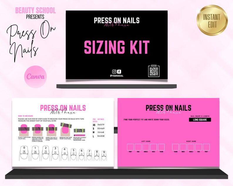 Press On Nail Sizing Kit, Press On Nails Chart Card, Press On Nails Templates Design, Nail Size Kit, How To Measure, Easy Edit in Canva