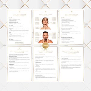 May include: A collection of six white informational pages with gold borders and text. The pages cover topics related to Botox injections, including face mapping, considerations, and practical tips. The Canva logo is visible.