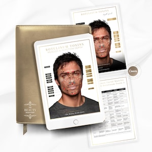 May include: A gold leather-bound journal and a white tablet displaying a diagram of a man's face with red and black dots, labeled "Botulinum Toxins." Two additional sheets with similar diagrams are also present. The text "The Beauty Brand Store" is visible.