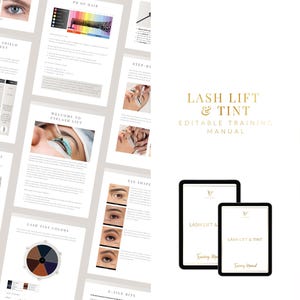 Könnte beinhalten: Ein digitales Trainingshandbuch mit dem Titel "Lash Lift & Tint" wird auf einem Tablet und einem kleineren Gerät angezeigt. Die Seiten des Handbuchs sind sichtbar und zeigen detaillierte Anweisungen und Diagramme zu Wimpernlifting- und Färbetechniken.