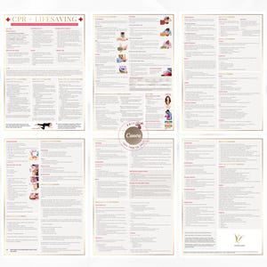 May include: A set of six beige and white CPR and Lifesaving guides. The guides feature detailed instructions and illustrations on first aid techniques. The top left guide has the text "CPR + LIFESAVING" in red. The guides are framed with a gold border.