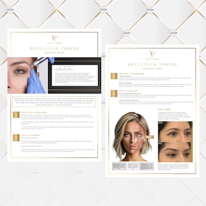 May include: Two-page brochure with gold accents, featuring the title "Botulinum Toxins Hooded Eyes." One page shows a close-up of an eye receiving treatment. The other page displays before-and-after photos and detailed information.