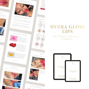Könnte beinhalten: Ein digitales Trainingshandbuch mit dem Titel "Hydra Gloss Lips" wird auf einem Tablet und einem kleineren Gerät angezeigt. Das Cover ist weiß mit goldenem Text. Das Bild zeigt auch Seiten mit Lippenpflegeverfahren und Produktillustrationen.