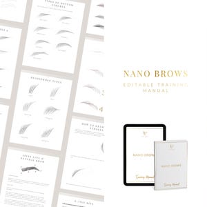 Op de afbeelding: Afbeelding van trainingsmateriaal voor nano-wenkbrauwen. De afbeelding toont pagina's met wenkbrauwstreekdiagrammen, een tablet en een boek met de titel "NANO BROWS EDITABLE TRAINING MANUAL". Het kleurenschema is voornamelijk wit en goud.