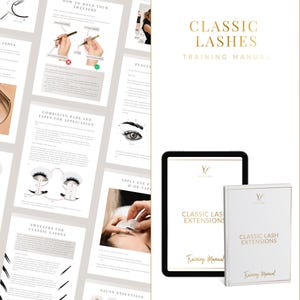 May include: A training manual and a tablet displaying "Classic Lashes Training Manual" in gold lettering. The manual and tablet are white with gold text. The image also shows pages with lash application instructions and diagrams.