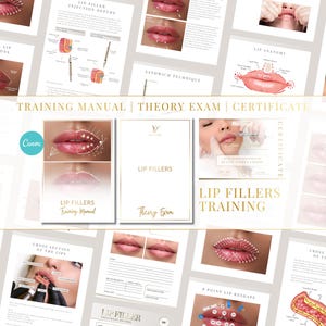 Manual de capacitación sobre rellenos labiales, examen teórico y certificado de curso de estética con plantillas Canva editables.