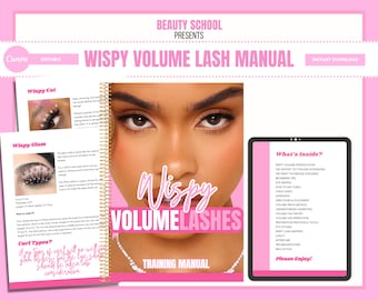 Wispy Volume Lash Training Manual, Lash Tech Training Guide, Digital PDF eBook, Student, Tutor, Editable Training Course, Edit in Canva