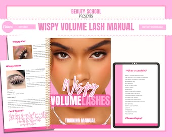 Manuel de formation Wispy Volume Lash, guide de formation technique pour les cils, livre numérique PDF numérique, étudiant, tuteur, cours de formation modifiable, édition sur Canva