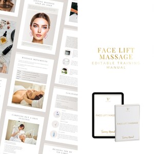 May include: A digital training manual and a physical book titled "Face Lift Massage." The book and tablet are white with gold text. The image also shows pages with text and images related to facial massage techniques.