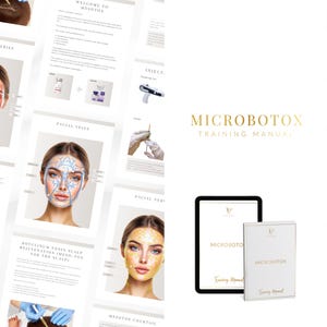 May include: A digital tablet and a white book with the text "MICROBOTOX TRAINING MANUAL" in gold lettering. The book and tablet are positioned in front of several pages with diagrams of facial features and text.