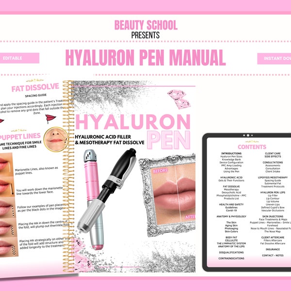 Hyaluron Pen Training Manual, Hyaluronic Acid, Certificate, Diploma, Fat Dissolve, Needless Dermal Filler, Online Training Course, Editable
