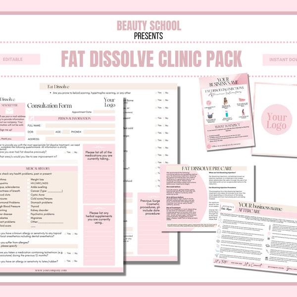 Fat Dissolve Forms, Consultation, Consent, Waiver, Aftercare, Care Cards, Meso Lipo, No Needle Filler, Instant Download, Edit in Canva