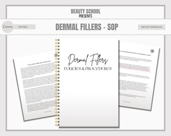Pode incluir: Um caderno branco e dourado com espiral com o texto "Dermal Fillers Policies & Procedures" na capa. O caderno está aberto em uma página com o texto "Disclaimer, Terms and Conditions" e uma seção intitulada "Safety & Procedure Protocols for Dermal Fillers".