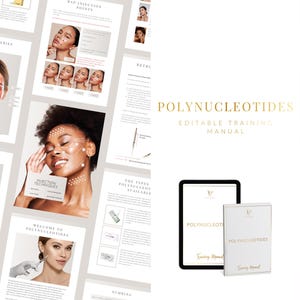 May include: A digital training manual and a physical book titled "Polynucleotides" are displayed alongside a tablet. The manual's pages feature diagrams and images related to facial treatments, including injection techniques and facial arteries.