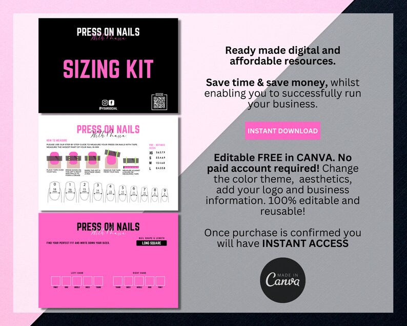 Press On Nail Sizing Kit, Press On Nails Chart Card, Press On Nails Templates Design, Nail Size Kit, How To Measure, Easy Edit in Canva