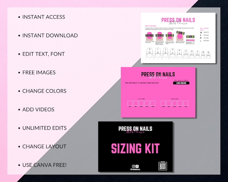 Press On Nail Sizing Kit, Press On Nails Chart Card, Press On Nails Templates Design, Nail Size Kit, How To Measure, Easy Edit in Canva
