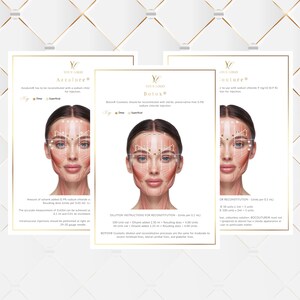 May include: Three white cards with gold edging, each displaying a woman's face with lines indicating injection sites. The cards are labelled "Arreolure", "Botox", and "Conture", and include detailed instructions and text.