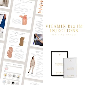 Könnte beinhalten: Ein Trainingshandbuch und ein Tablet mit dem Text "Vitamin B12 IM Injections Training Manual" in goldener Schrift. Das Handbuch ist weiß mit dem gleichen Text. Mehrere Seiten mit medizinischen Diagrammen und Anweisungen sind ebenfalls sichtbar.
