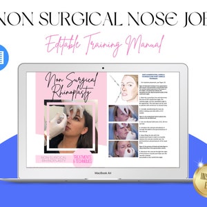 May include: A laptop computer screen displaying a training manual for non-surgical rhinoplasty. The manual includes a title, "Non Surgical Rhinoplasty", and a section on treatments and techniques. The screen also shows a close-up image of a woman receiving a non-surgical nose job.