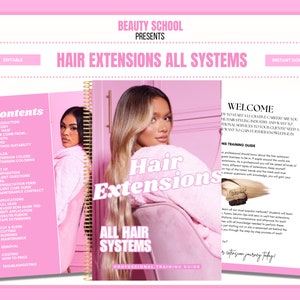 ヘアエクステンショントレーニングマニュアル、すべてのシステム、方法、テクニック、トレーニングガイド、ヘアエクステンション電子書籍、Canvaで編集