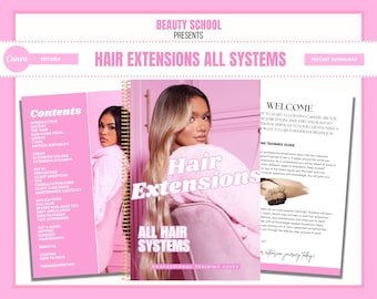 Manual de capacitación sobre extensiones de cabello, todos los sistemas, métodos y técnicas, guía de capacitación, libro electrónico sobre extensiones de cabello, editar en Canva