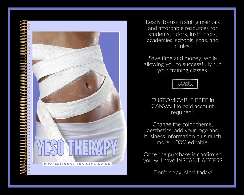 Yesotherapy Training Manual, Body Wraps, Consent Forms, Flyers (PDF eBook, Canva)