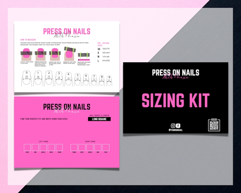 Press On Nail Sizing Kit, Press On Nails Chart Card, Press On Nails Templates Design, Nail Size Kit, How To Measure, Easy Edit in Canva