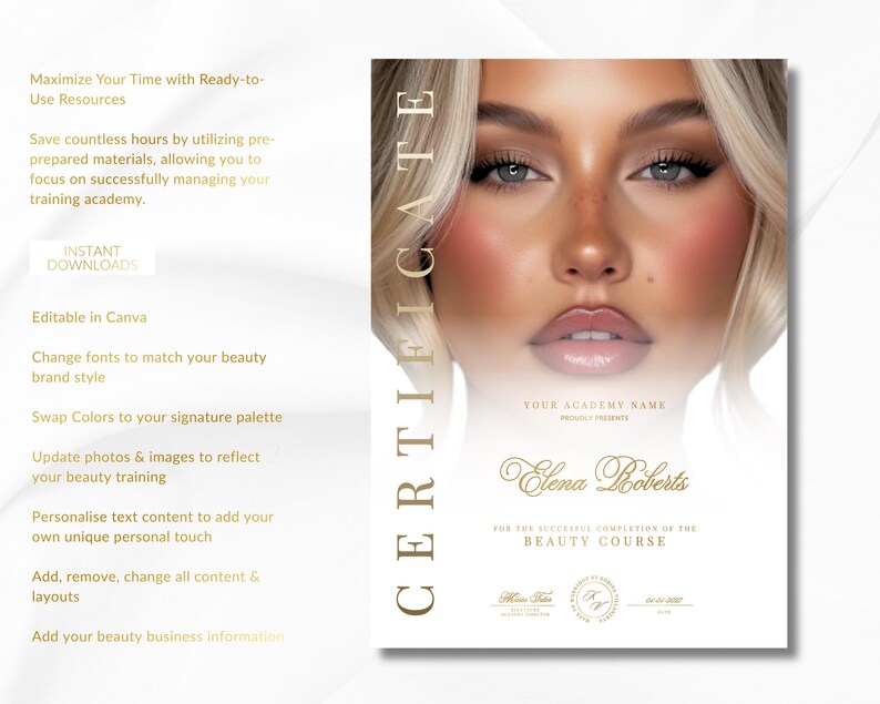Beauty Training Academy Certificate of Completion | Editable Canva Template | Digital Download