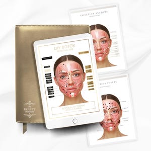 May include: A gold leather notebook and a tablet showing a "DIY Botox" guide, alongside anatomical charts. The tablet displays a facial diagram with injection points, offering a visual guide.