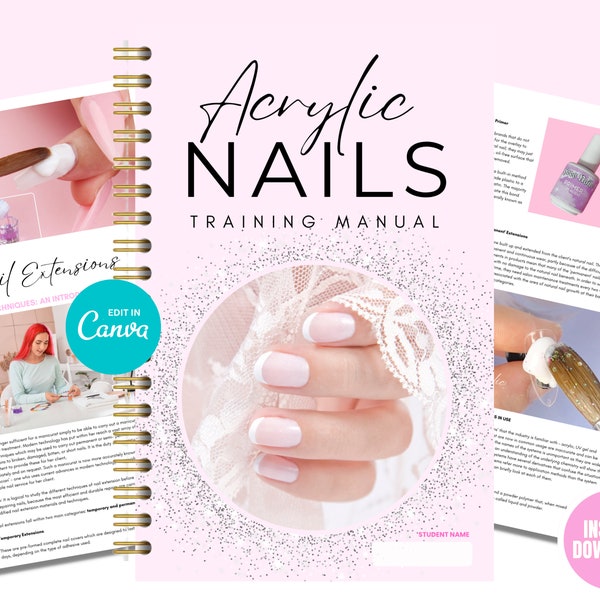 Manuel de formation sur les extensions d'ongles en acrylique, Guide de formation modifiable pour les ongles en acrylique, Liquide, Poudre, eBook de cours, Technologie des ongles, Modifier sur Canva