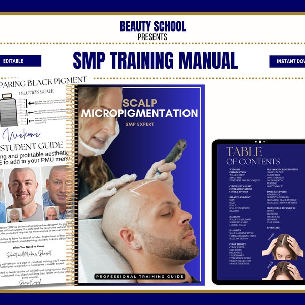 Scalp Micropigmentation Training Course, Training Manual, Certificate, Diploma, Student, Educator, SMP, Scalp Tattooing, Edit in Canva