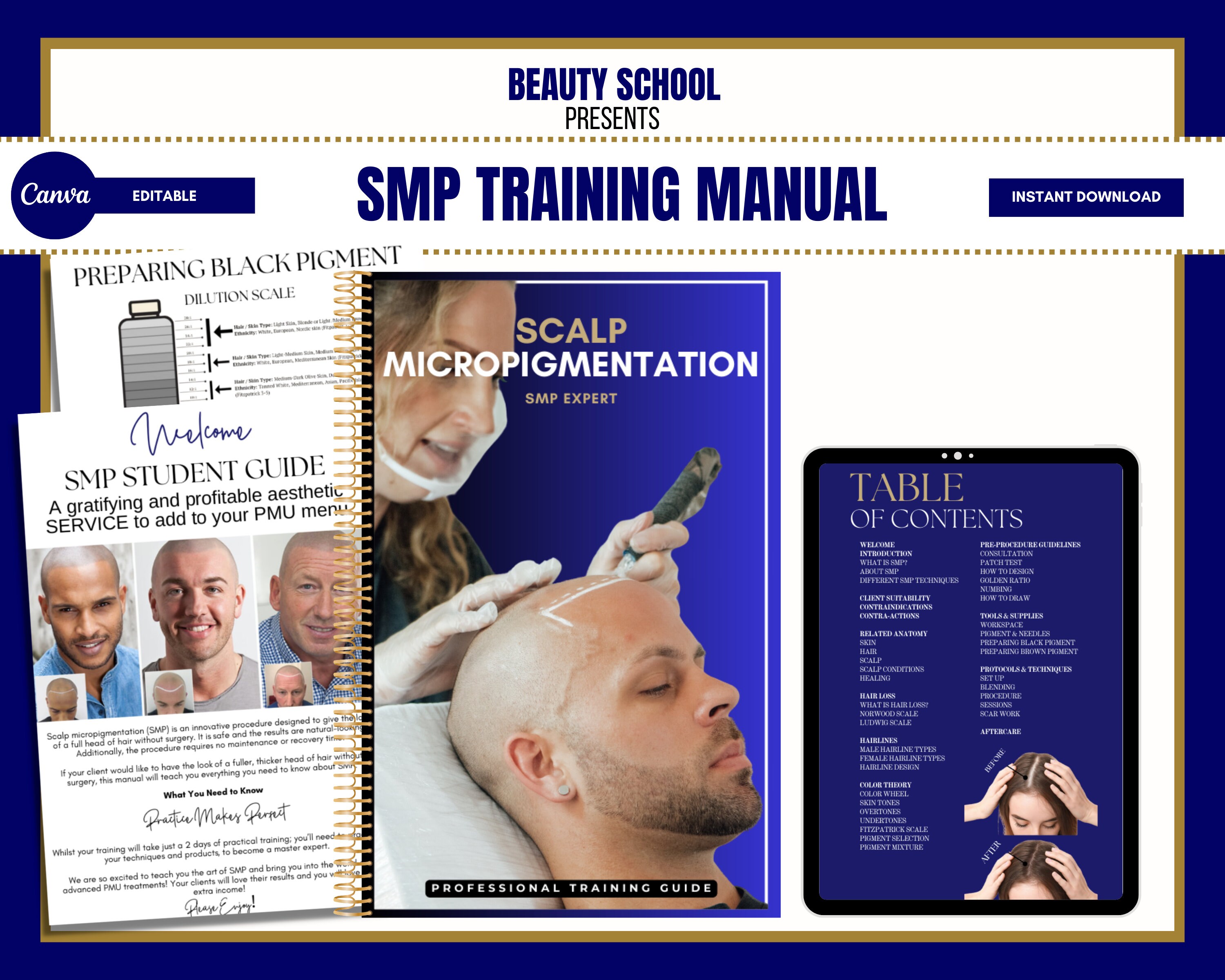 Scalp Micropigmentation Training Course, Training Manual, Certificate, Diploma, Student, Educator, SMP, Scalp Tattooing, Edit in Canva