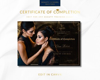 Beauty Academy Certificate of Completion | Editable Canva Template | Makeup Artist MUA Spray Tan Theme