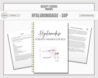 May include: A document titled "Hyaluronidase - SOP" with the words "Policies and Procedures" in bold text. The document is open to a page with a list of items and a photo of a vial labeled "Lyophilized Hyaluronidase 1500 IU".