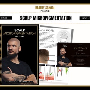 May include: A black and gold training guide for scalp micropigmentation with the title "Scalp Micropigmentation SMP Expert" and a photo of a man with a shaved head and beard. The guide includes a certificate, a diagram of the procedure, and a photo of a man with a shaved head.