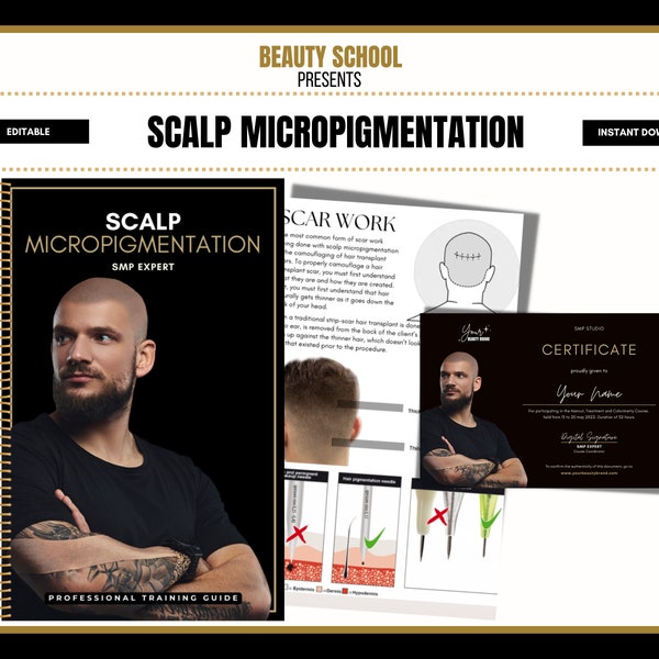 Scalp Micropigmentation Training Manual, Scalp Tattooing SMP Training, PDF eBook, Canva Editable, Student, Tutor, PMU Training Online Course