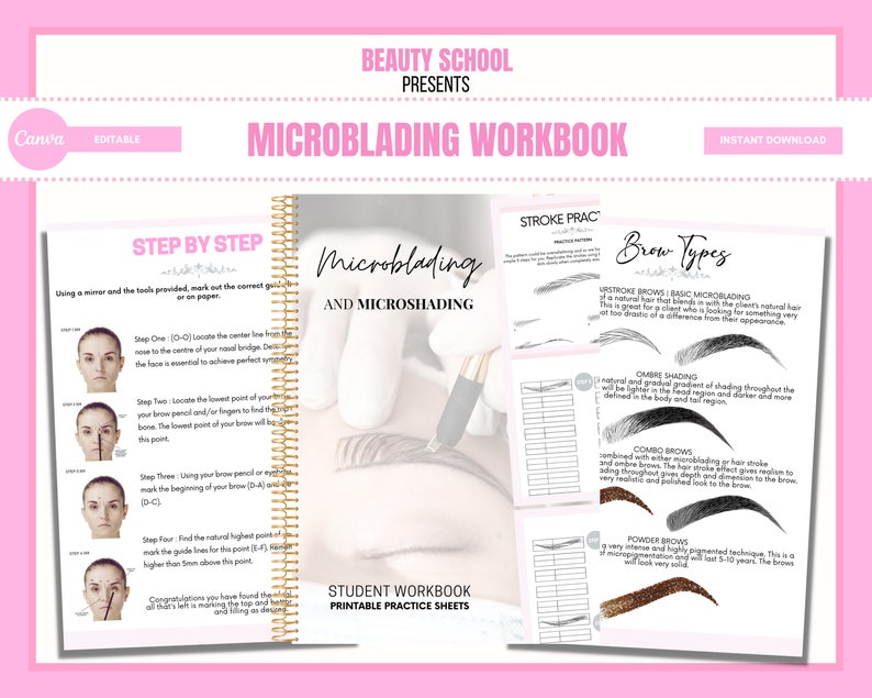 Editable Microblading Strokes Practice, Brow Hair, Transition Patterns, Student Workbook, Brow ...