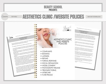 Pode incluir: Documento de políticas da clínica e do site de estética com uma lista de verificação de políticas, incluindo reclamações, reservas, atrasos, reembolsos, resposta formal, difamação social, consentimento do modelo, liberação de fotos, formulários de tratamento, cuidados posteriores e promoção de folhetos.