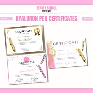 Hyaluron-Stift-Zertifikat, Hyaluron-Stift-Diplom, Abschlusszertifikat, Studentenzertifikat, DIY, fügen Sie Ihr Logo hinzu, bearbeiten Sie es in Canva