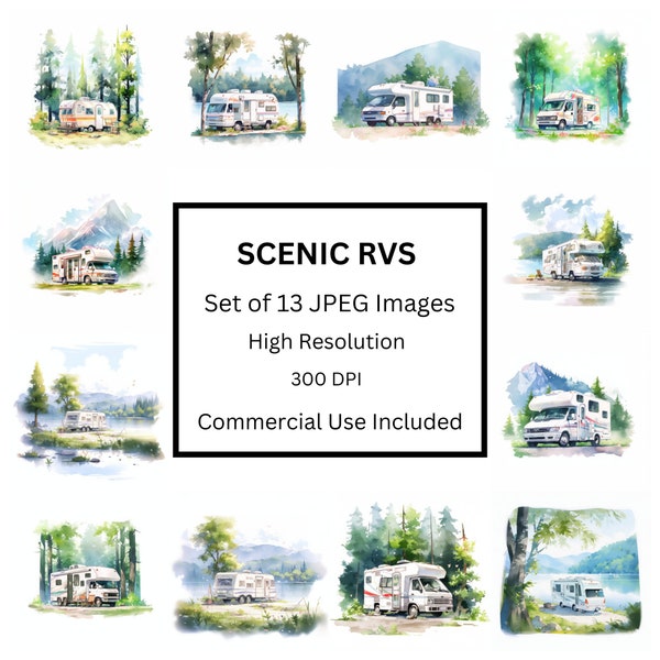 Watercolor Scenic RV's - Set of 18 - High Resolution JPEG Images 300 DPI, Instant Download, Commercial Use Included