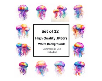 Multicolor Psychedelic Jellyfish Watercolor Clipart | Set of 12 | jpeg format instant download for commercial or personal use