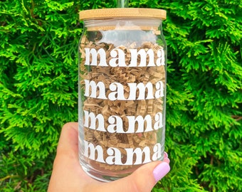 Mom Glass Can, Trendy Glassware, Mother's Day Gift, New Mom Gift, Mama Glass Can, Iced Coffee Cup, Glass Cup for Mom, Beer Can Glass
