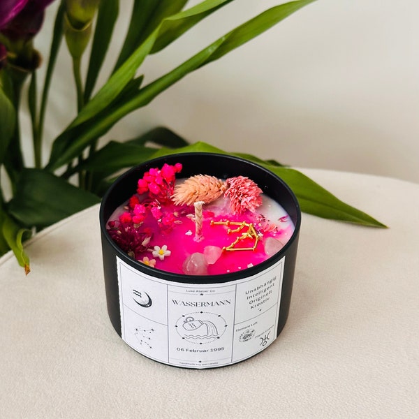 Candle Zodiac Sign Aquarius personalized scented candle pink flowers birthday zodiac candle rose quartz constellation gemstones flowers