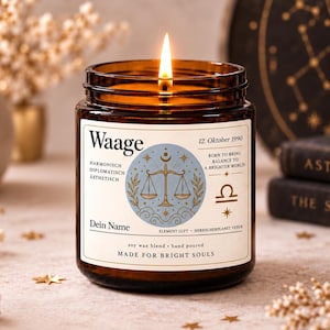 Personalisierte Sternzeichen Kerze Waage | mit Name & Geburtsdatum | Duftkerze | Astrologie Geschenk | Geburtstagsgeschenk