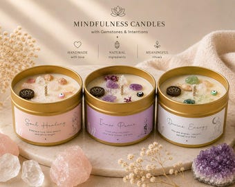 Velas de mindfulness con piedras preciosas: amatista, cuarzo rosa y jade. Paz interior, sanación del alma, energía divina. Velas perfumadas. Idea de regalo.