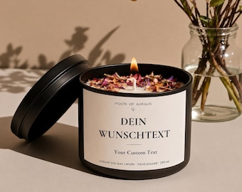 Personalisierte Duftkerze mit Wunschtext – Kerze als Geschenk für Geburtstag & Freundin – vegane Sojawachskerze mit Blüten